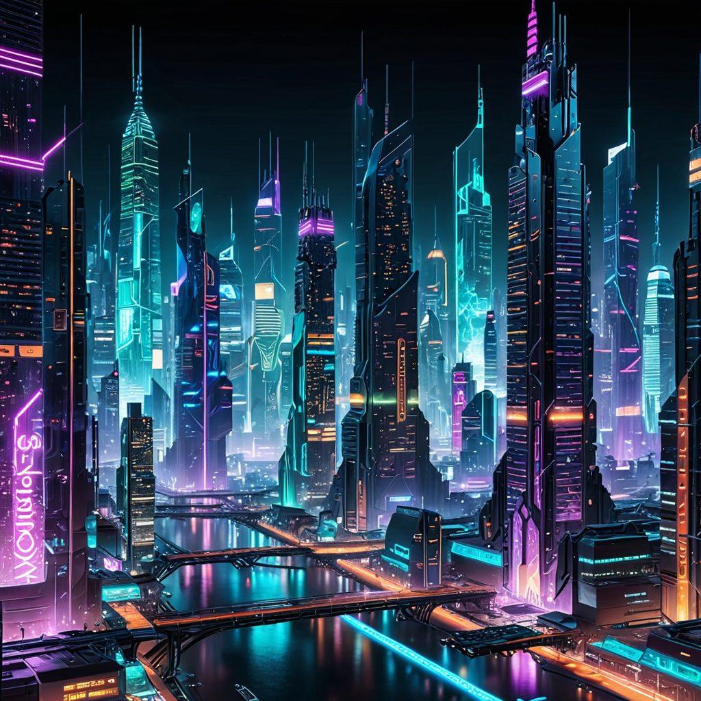 A futuristic cityscape with gleaming skyscrapers made of computer code, interconnected by neon-lit pathways and holographic screens displaying diverse web technologies and services. Superimpose a giant magnifying glass revealing intricate details beneath the surface. vibrant colors. cyberpunk. high-tech. 3D.