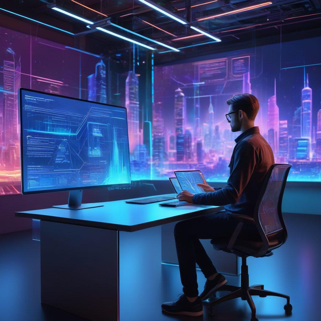 A futuristic workspace where a web developer is immersed in coding on multiple holographic screens, featuring an evolving web page that morphs from concept sketches to a fully interactive and responsive web application. The background showcases a digital cityscape, symbolizing cyberspace. glowing interfaces, vibrant colors, ultra-modern style, 3D elements.